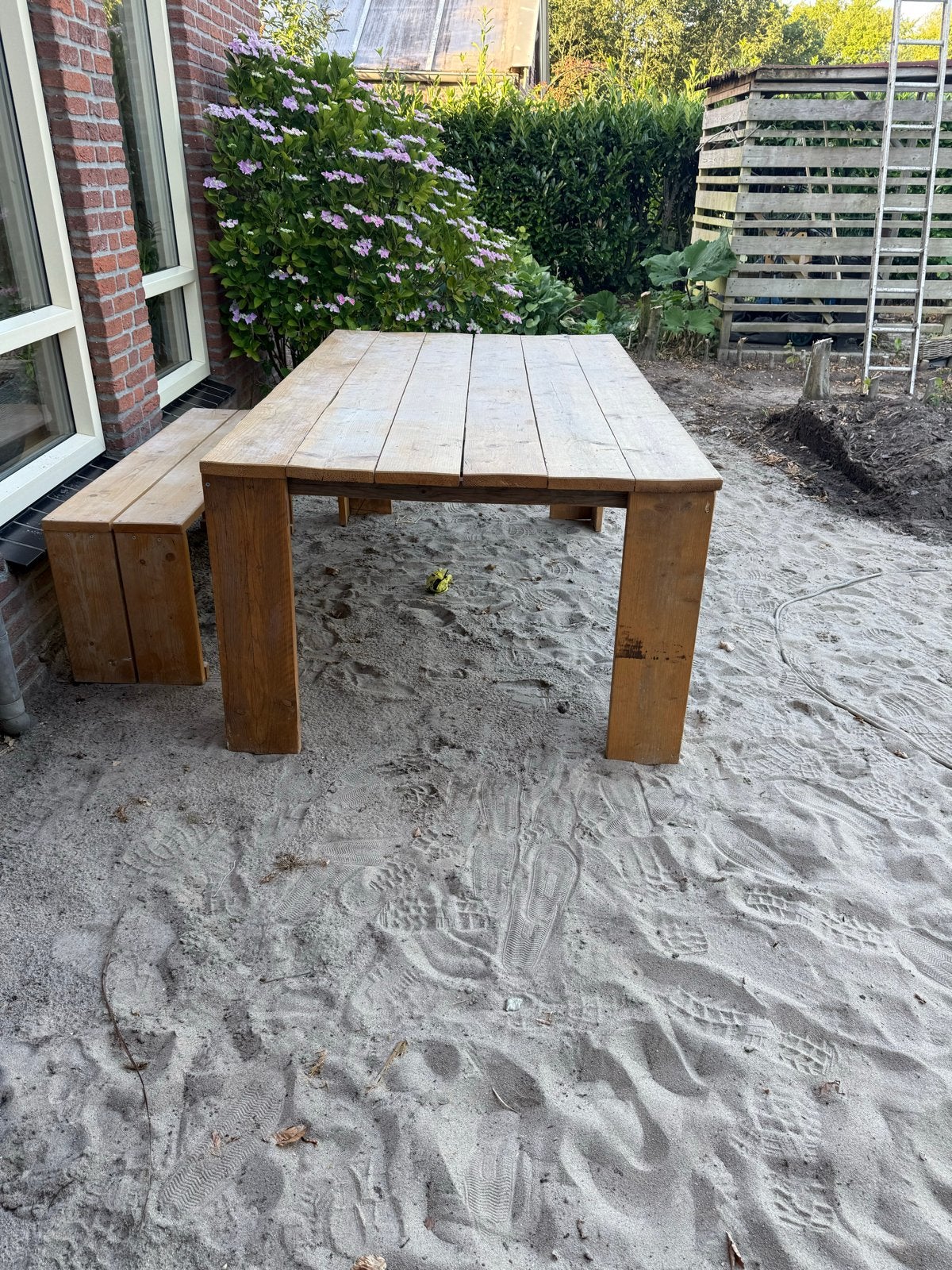 Steigerhouten tafel met bankje, Ophalen, Gebruikt, Rechthoekig, Hout