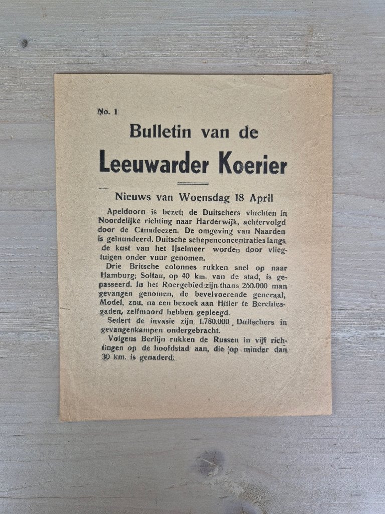 Illegale pers verzetskrant Leeuwarder Koerier No.1, 18 april, Ophalen of Verzenden, Nederland, Overige typen