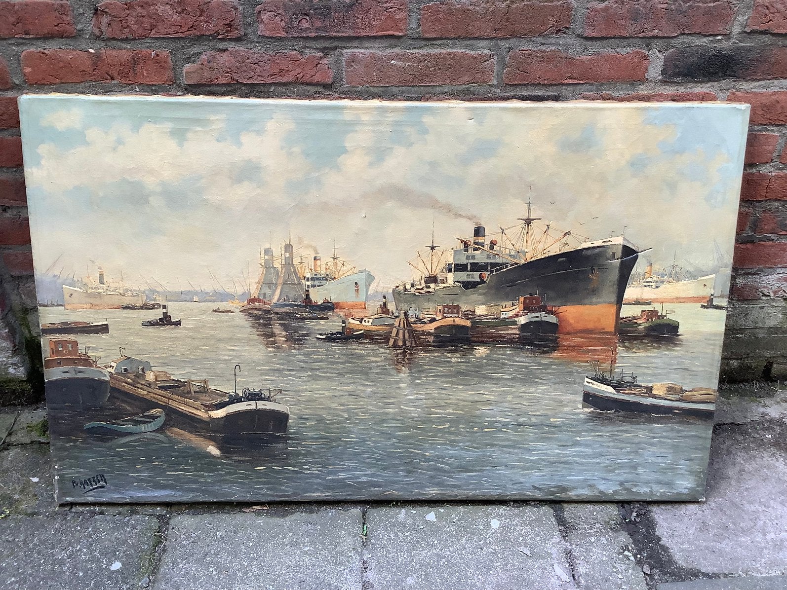Oud schilderij met stoomboten, Antiek en Kunst, Ophalen