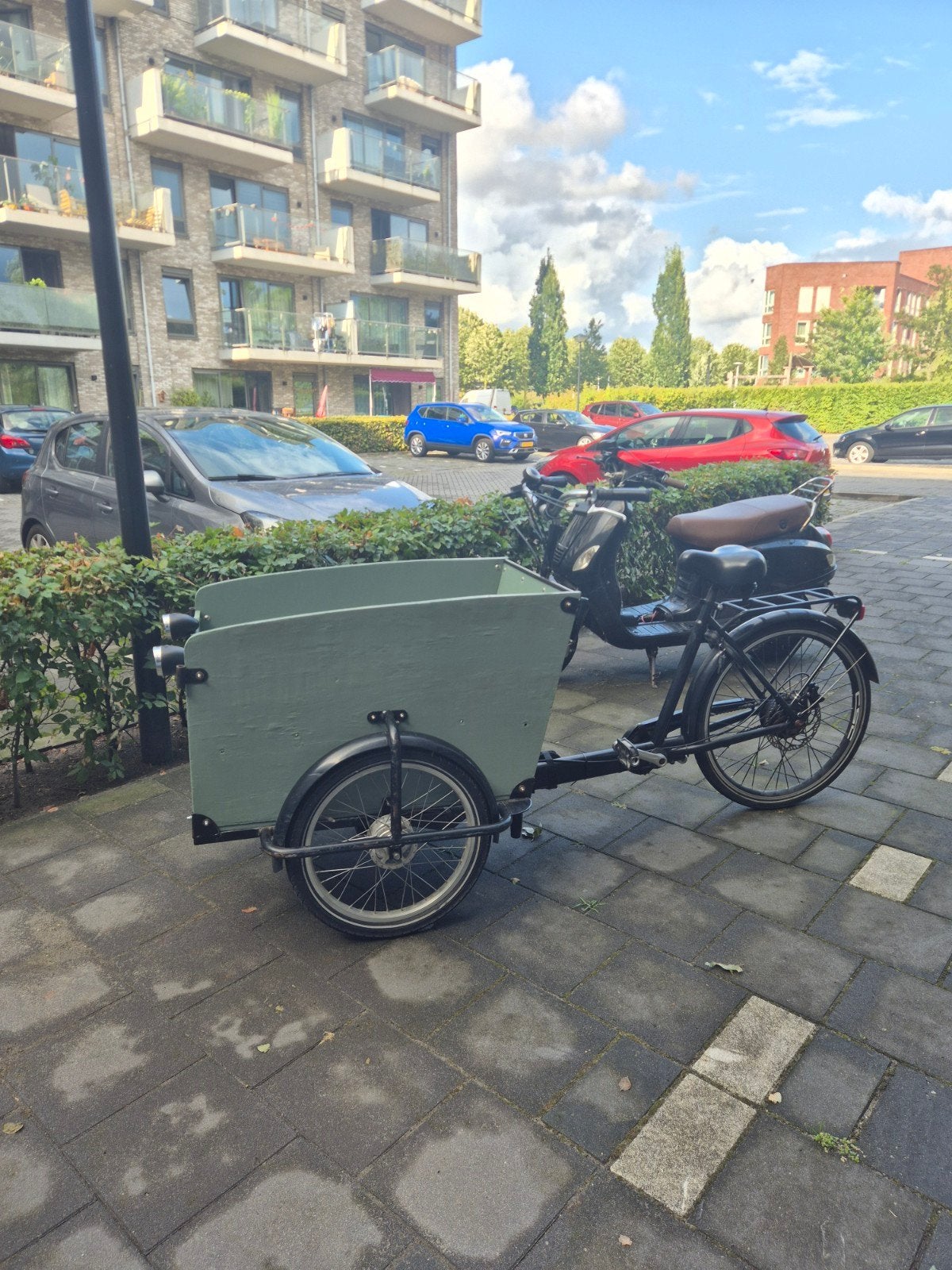 Mintgroene Bakfiets - elektrisch inclusief gaspedaal 25km/ph, 4 kinderen of meer, Gebruikt, Elektrisch, Schijfrem