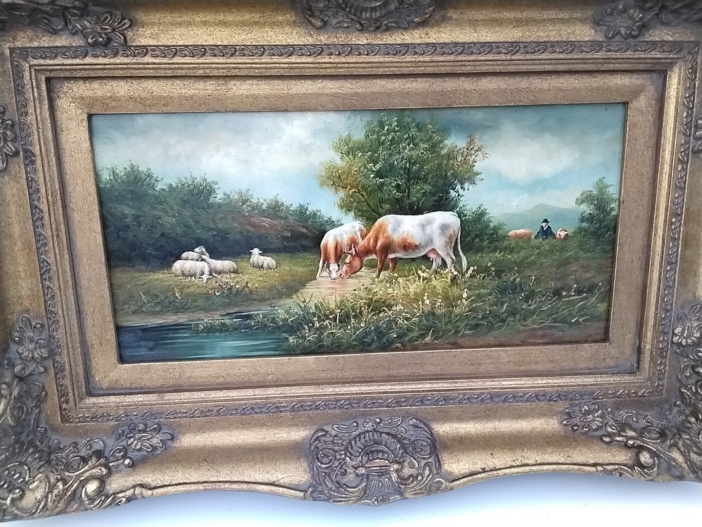 Klassiek schilderij met koeien en schapen, 60x40 cm, Doek, Dieren, Ophalen of Verzenden, Olieverf