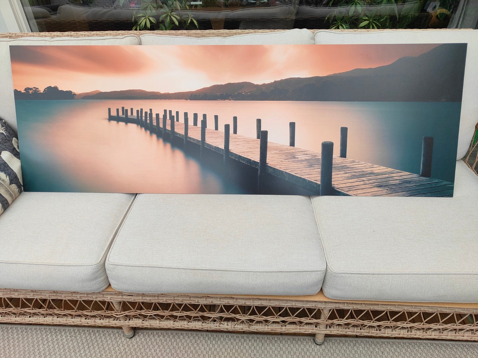 Schilderij met steiger aan het water bij zonsondergang, Ophalen, 125 cm of meer, Zo goed als nieuw, Schilderij