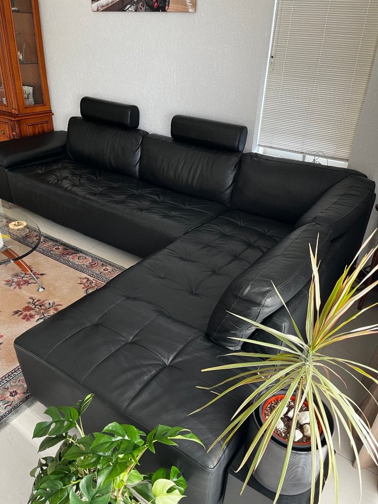 Zwarte leren hoekbank 300x200x90, Huis en Inrichting, Banken | Bankstellen, Ophalen, 250 tot 300 cm, Gebruikt, Hoekbank