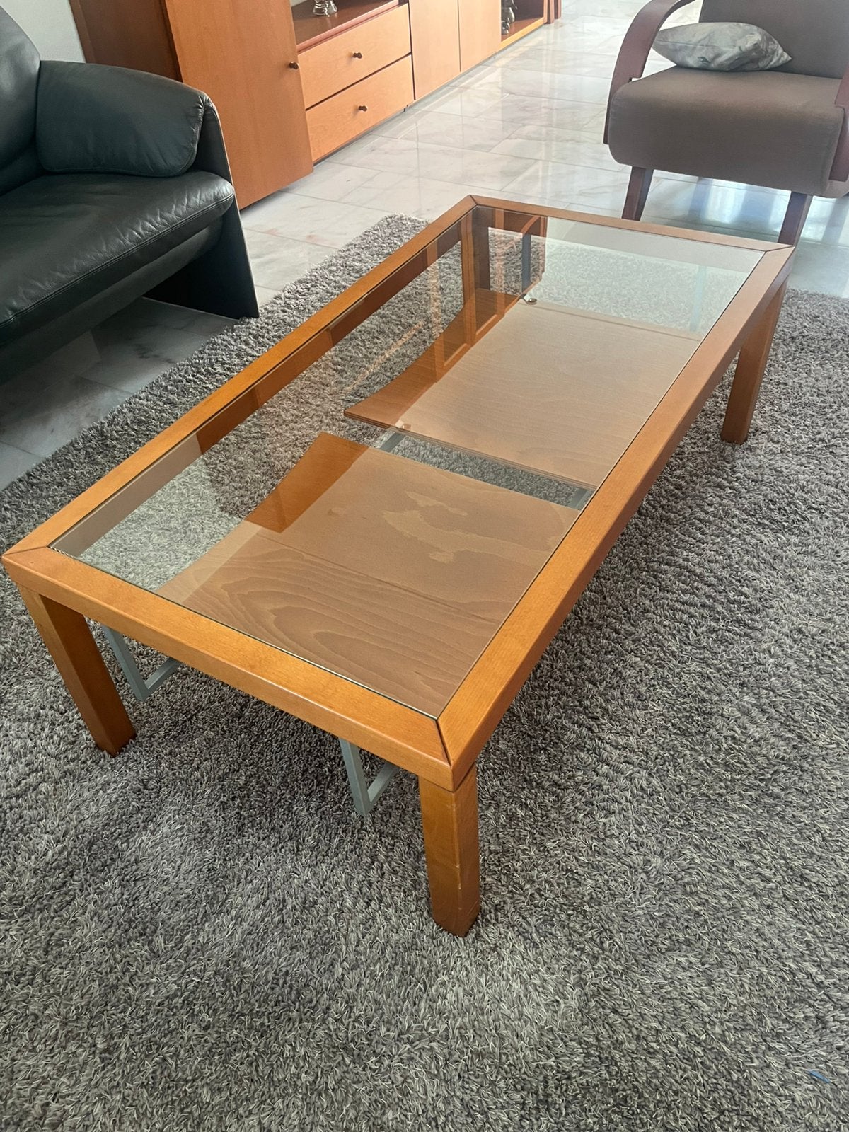 Kersenhouten salontafel met glasplaat, Ophalen, Gebruikt, 100 tot 150 cm, 50 tot 100 cm