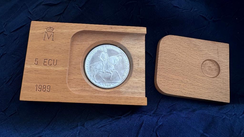 5 ECU munt Spanje in houten doos, Ophalen of Verzenden, Overige landen, Setje, Zilver
