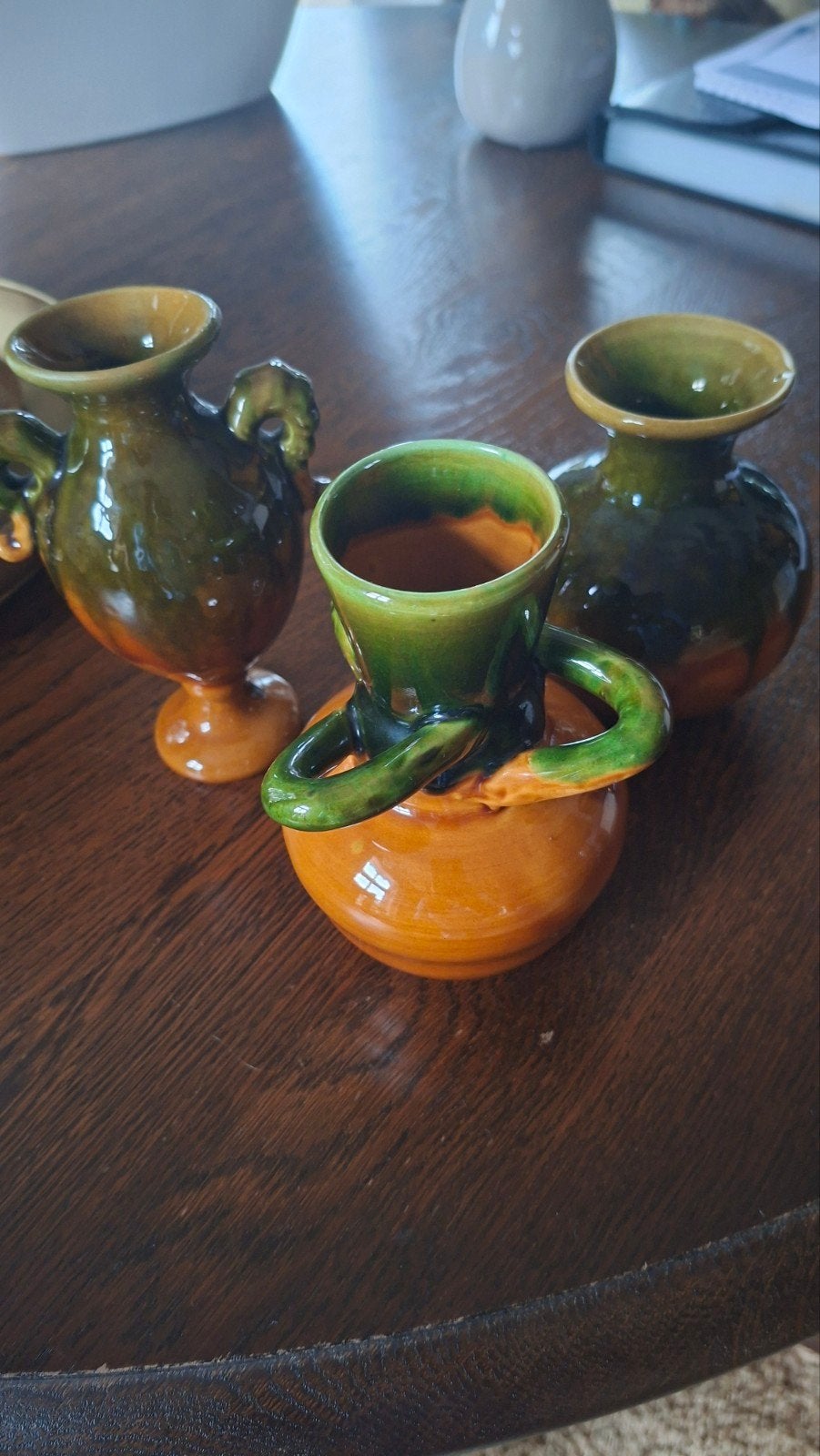 Unieke vintage vaasjes , oranje met groen, Ophalen