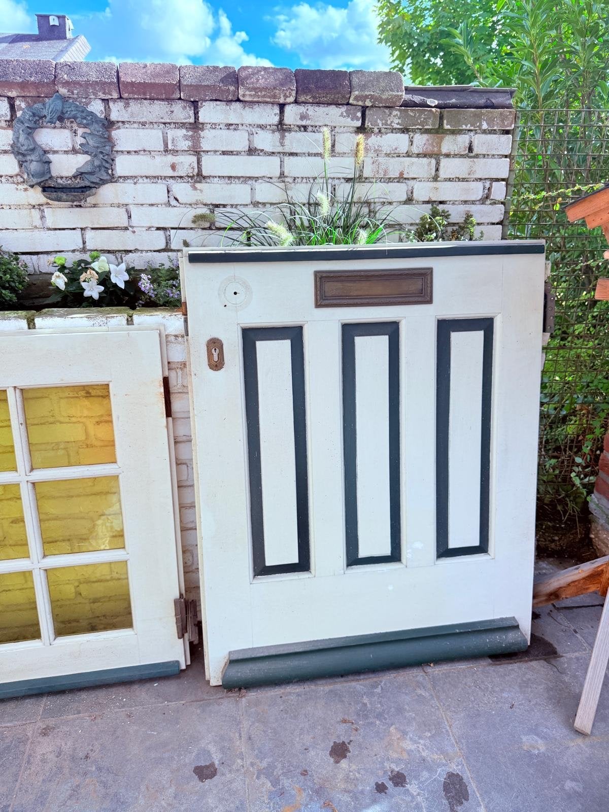 Boerendeur / Hollandse voordeur - Wit met groen hardhout, Ophalen, Gebruikt, 80 tot 100 cm, Buitendeur
