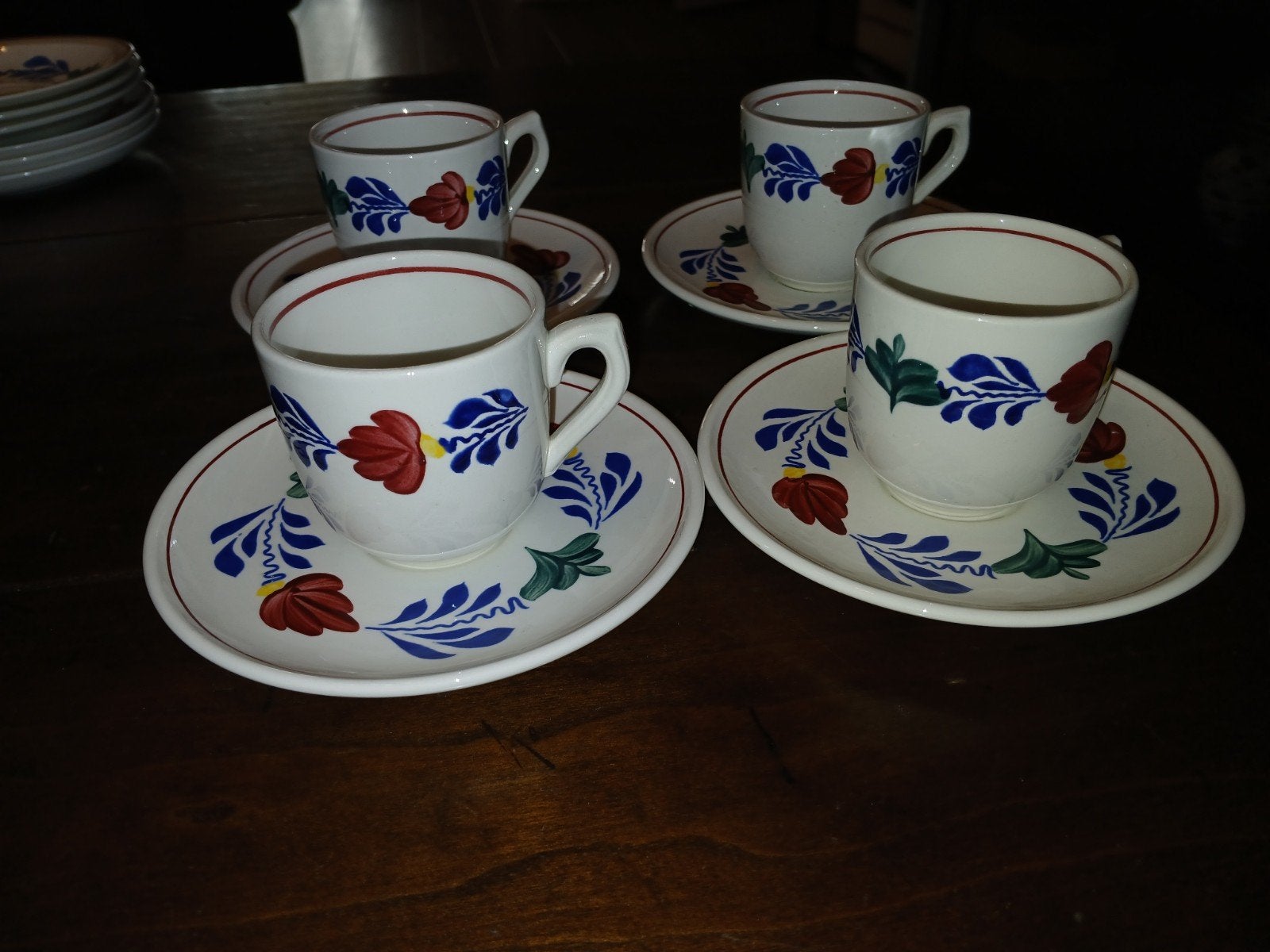 Set van 4 Boerenbont Boch koffiekopjes met schotels, Ophalen of Verzenden