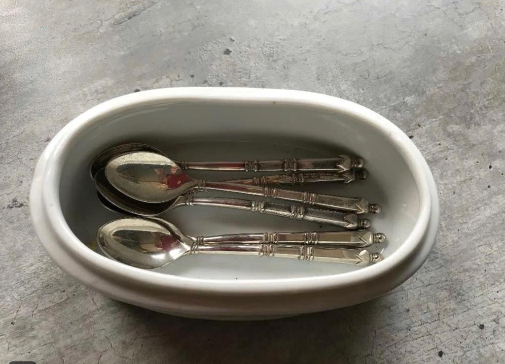 Porselein brocante lepeldoosje met 6 verzilverde theelepel, Ophalen of Verzenden