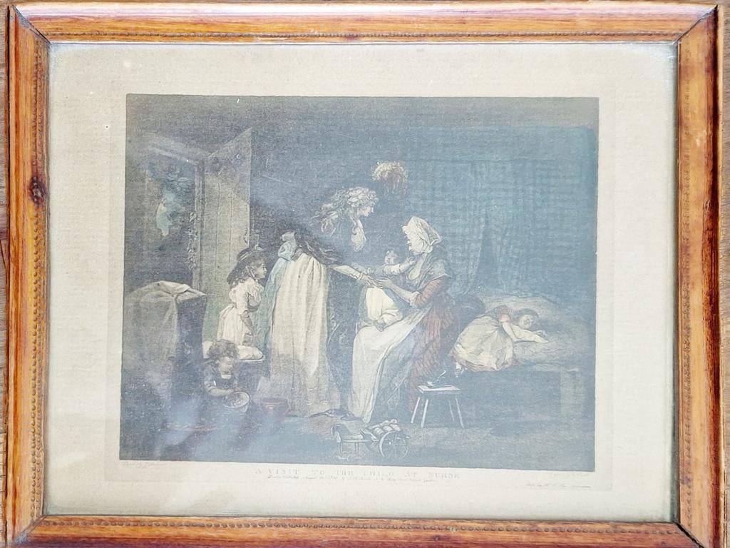 Antieke gravure Morland "Visit to the Child at Nurse", Antiek en Kunst, Ophalen of Verzenden