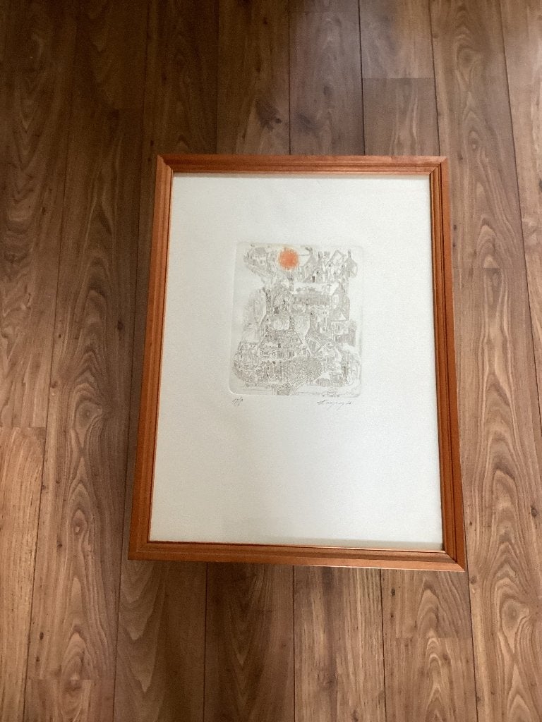 Gesigneerde – Italiaans stadsgezicht met rode zon, Gebruikt, Oorspronkelijke maker, Ophalen of Verzenden, Schilderij