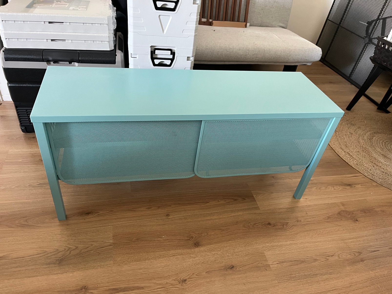 Kastje metaal lichtblauw/groen turquoise met schuifdeurtjes, Ophalen, 100 tot 150 cm, Zo goed als nieuw, Minder dan 100 cm