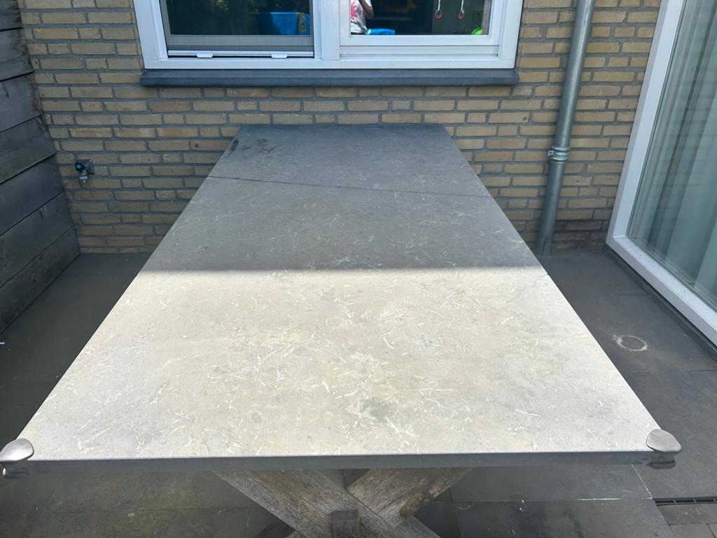 Tuintafel hardsteen blad, eiken onderstel 222x102x73 cm, Tuin en Terras, Tuintafels, Ophalen, Gebruikt, Rechthoekig, Hout