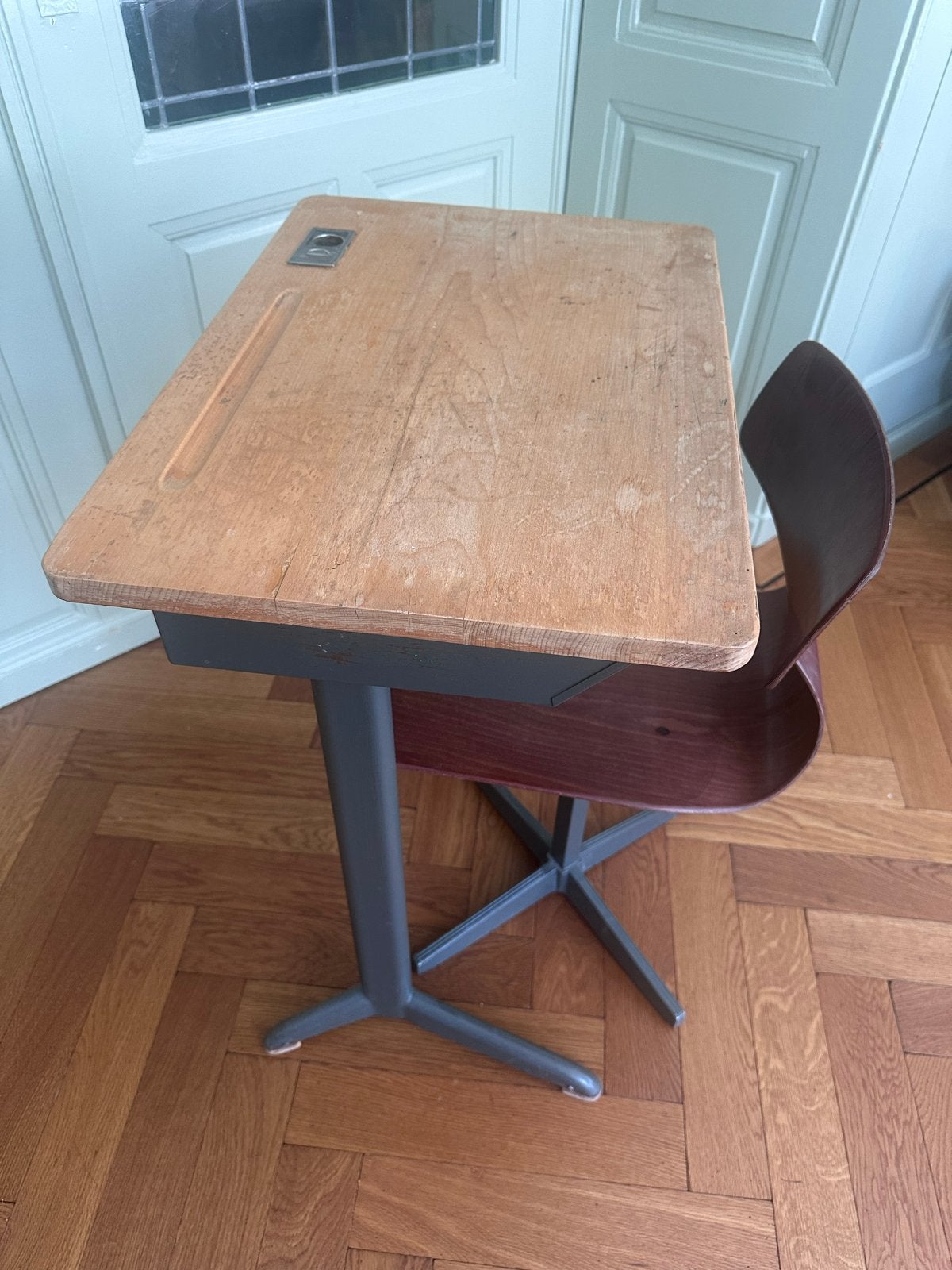 Vintage Schoolbank met Stoel - Hout en Metaal, Ophalen, Gebruikt, Tafel(s) en Stoel(en)