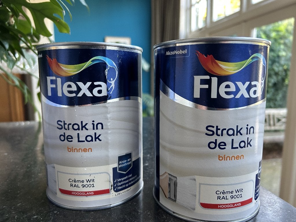 2x 1,25l lt Flexa Strak in de Lak 9001, Ophalen, Wit, Nieuw, Lak