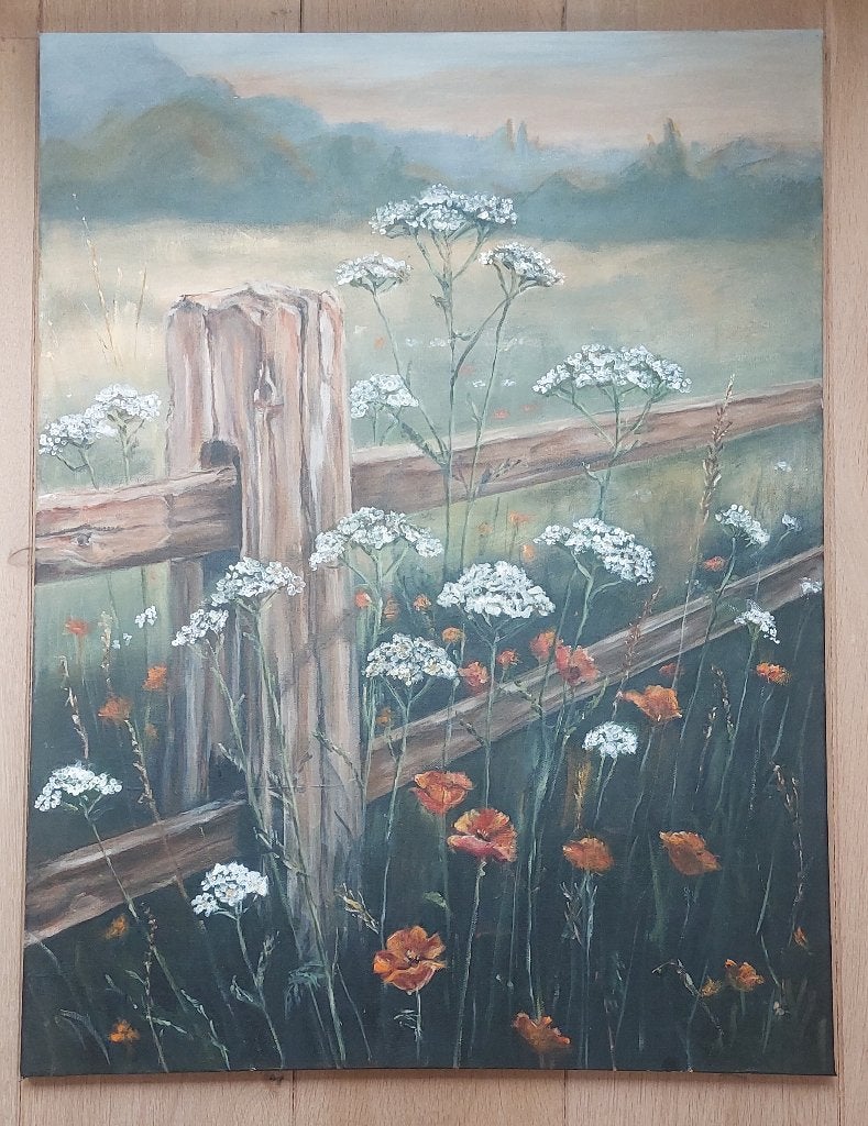 Schilderij: Bloemen en hek in landschap, Ophalen, Acrylverf, Doek, Realistisch