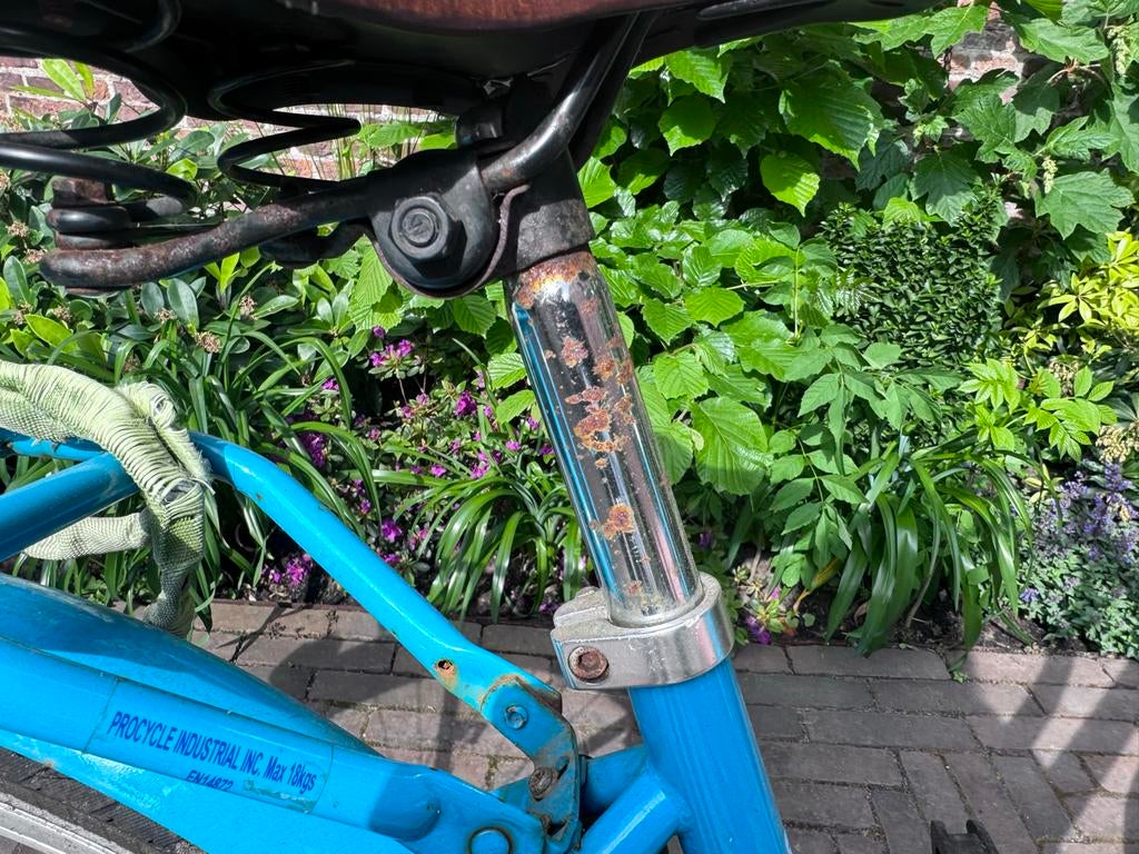 Blauwe meisjesfiets met voordrager - Gebruikt, Fietsen en Brommers, Fietsen | Meisjes, Ophalen of Verzenden, Handrem, Schijfrem
