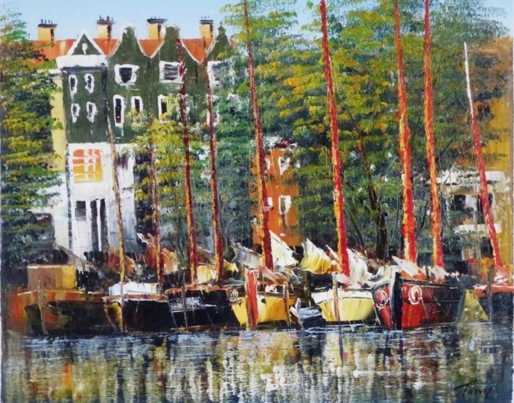 Schilderij grachtenpand met boten - 50x60 cm, Ophalen of Verzenden, Textiel, Olieverf, Stadsgezicht