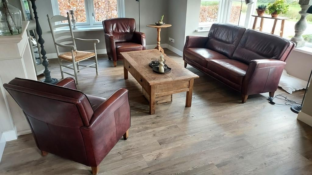 Leren bankstel (exclusief salontafel !), Gebruikt, Ophalen of Verzenden, Leer, 75 tot 100 cm