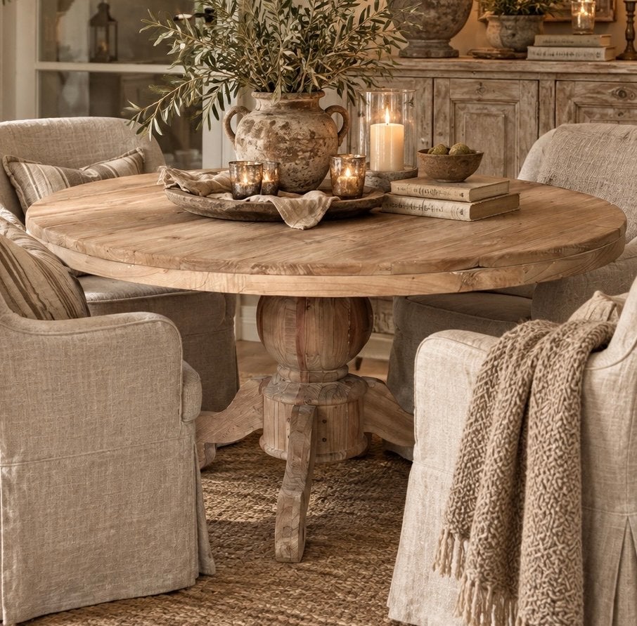 Ronde Kloostertafel Bolpoot 130 cm - Loberon/Hoffz stijl, Huis en Inrichting, Gebruikt, 100 tot 150 cm, Rond, Ophalen of Verzenden