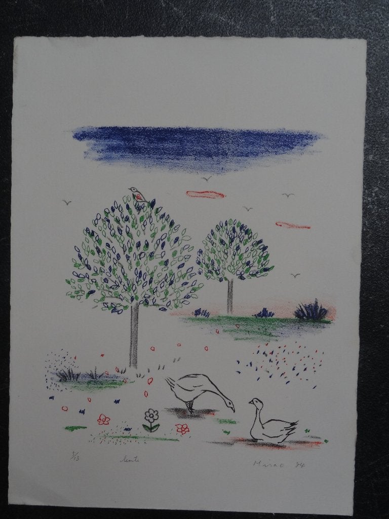 kleurrijke litho ganzen bij bomen, lente Mira O. 1984, Antiek en Kunst, Kunst | Litho's en Zeefdrukken, Origineel, Verzenden, Dieren en Natuur