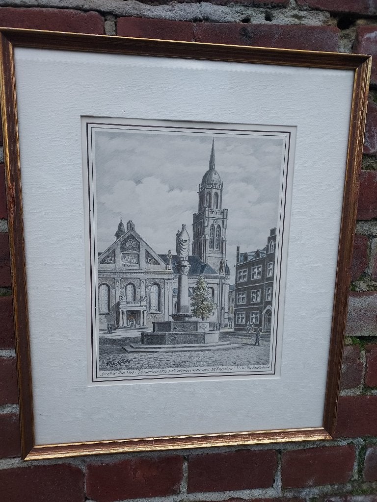Handgekleurde gravure van Krefeld, Dionysiusplatz., Gesigneerd, 33 cm, 40 cm, Stadsgezicht