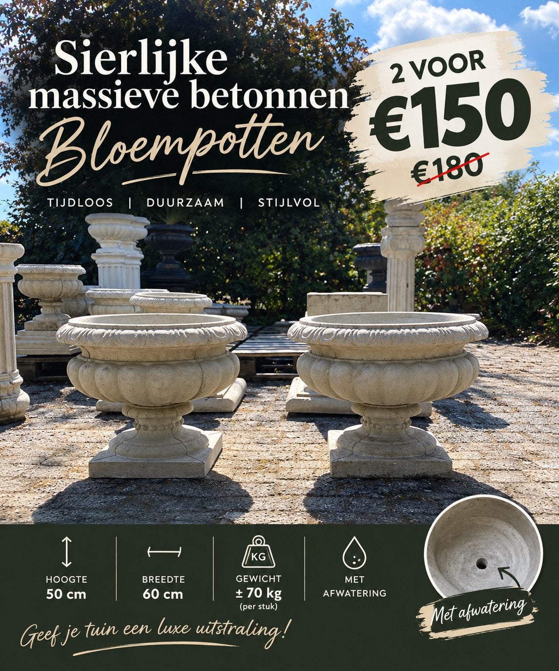 Actie! 2 Grote betonnen bloempotten 60x50 cm 2 voor €150, Ophalen, Nieuw