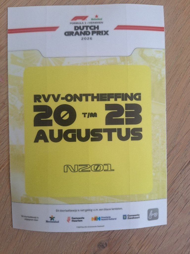 Doorlaatbewijs + Privé Parkeerplaats F1 Zandvoort 2026