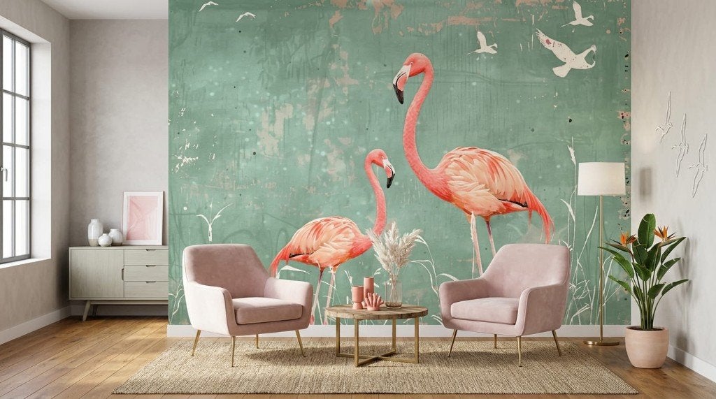 Vogel behang – roze flamingo's op mintgroen, Huis en Inrichting, Overige merken, Groen, Ophalen of Verzenden, Fotobehang