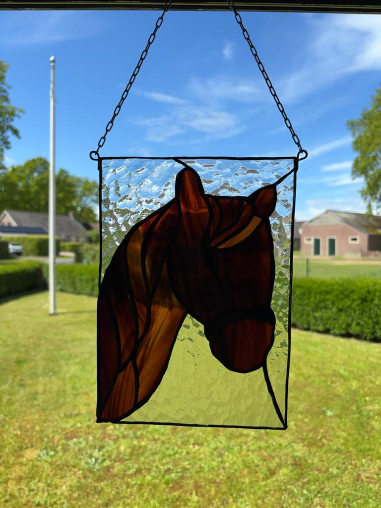 Tiffany glas in lood paardenhoofd, Antiek en Kunst, Kunst | Beelden en Houtsnijwerken, Ophalen, Glas, Art nouveau, Wanddecoratie