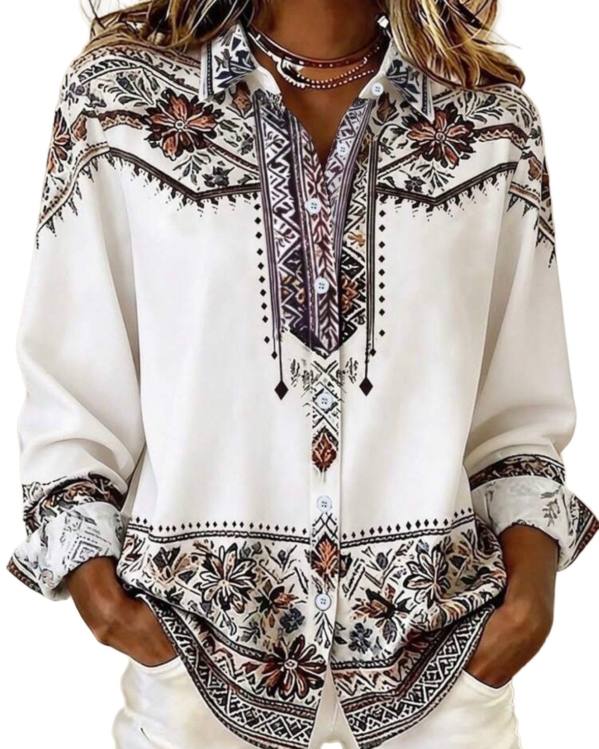 Boho Blouse met Etnische Print (44-52), Verzenden, Nieuw, Wit, Blouse of Tuniek