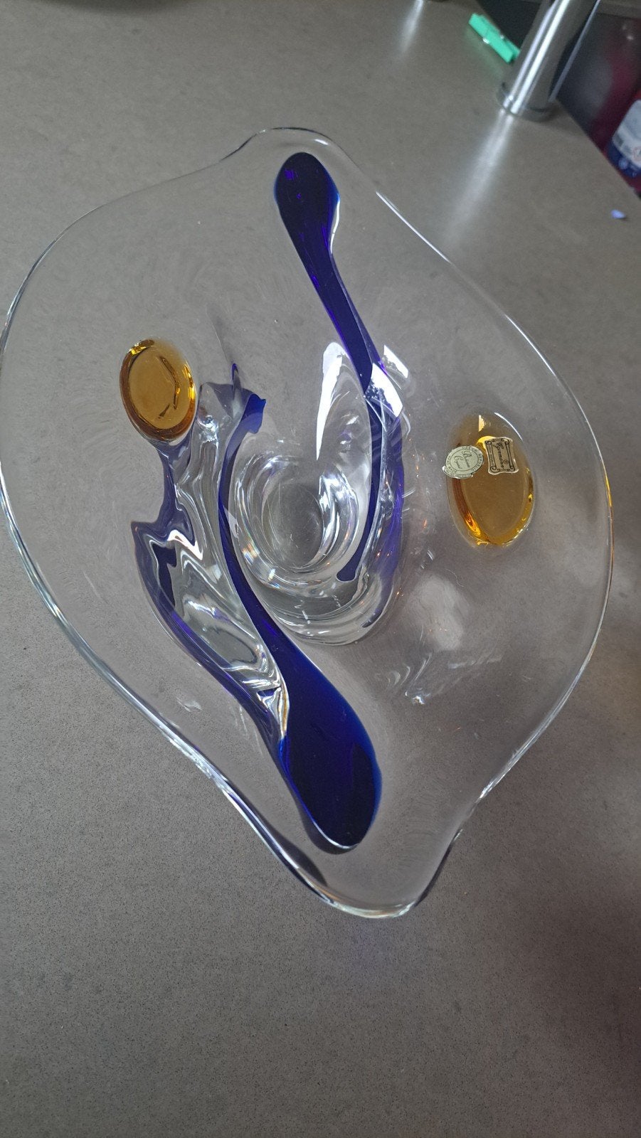 Egermann Bohemia Kristal Glazen Schaal Blauw/Amber, Antiek en Kunst, Ophalen of Verzenden