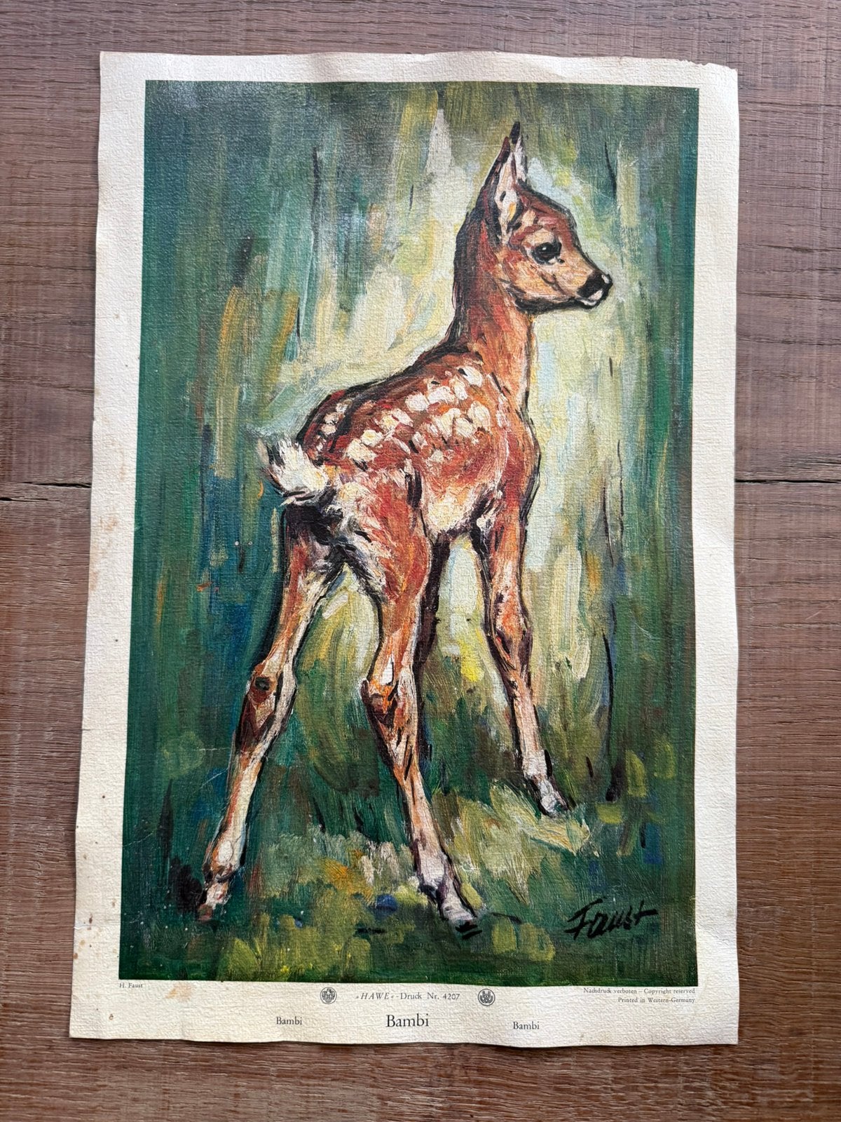Vintage kunstdruk ‘Bambi’ door HAWE-Druck - Faust, Antiek en Kunst, Ophalen of Verzenden, Klassiek, Dieren
