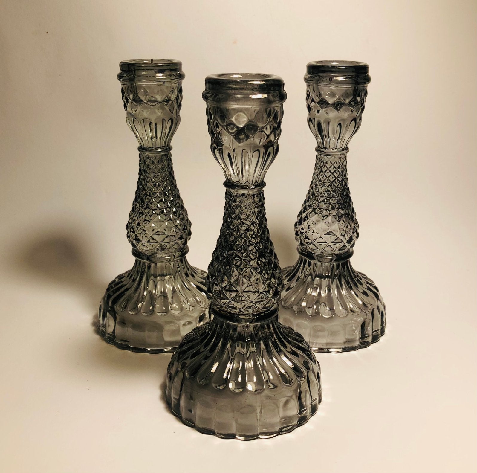Drie glazen kandelaars, zwart transparant glas, Overige materialen, Zwart, Ophalen of Verzenden, Zo goed als nieuw