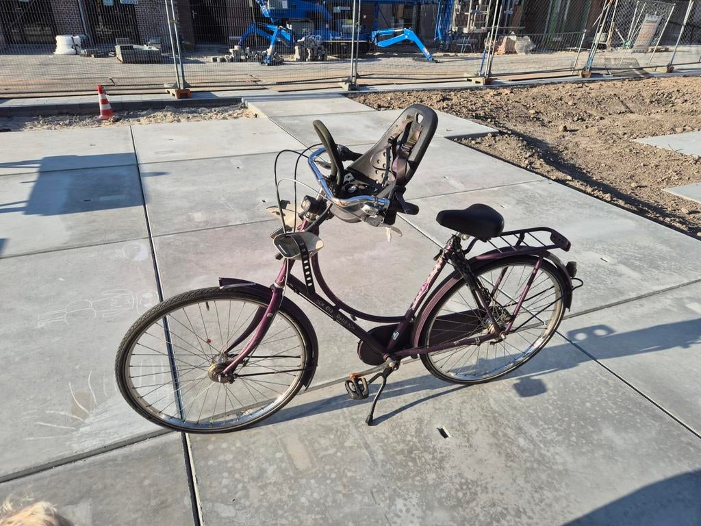 Damesfiets met kinderzitje voorop - Paars - incl AXA slot, Velgrem, Ophalen, Overige merken, 53 tot 56 cm
