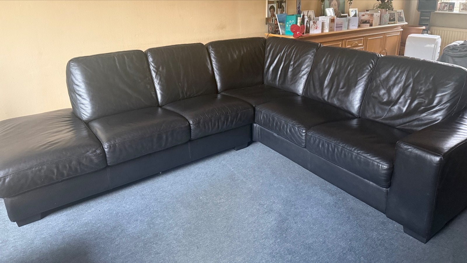 Zwarte Leren Hoekbank - Comfortabel en Ruim, Ophalen, 250 tot 300 cm, Gebruikt, 125 tot 150 cm