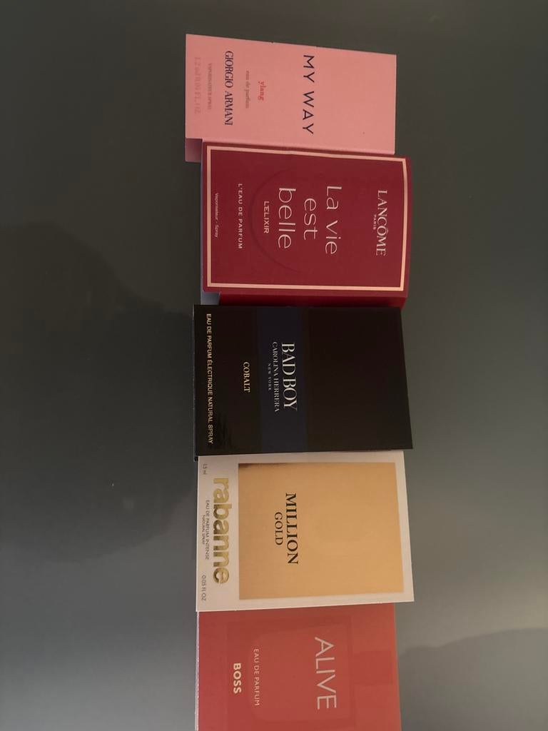 5 parfum testers: My Way, La vie est belle, Bad Boy, Million, Ophalen of Verzenden, Nieuw