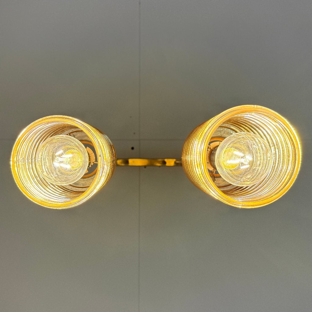 Vintage plafondlamp met twee amberkleurige kappen, D, Gebruikt, Vintage, Glas