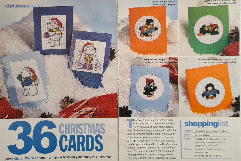 36 Kerstkaart borduurpatronen ijsbeer en Pinguïns, Ophalen, Nieuw, Handborduren, Patroon