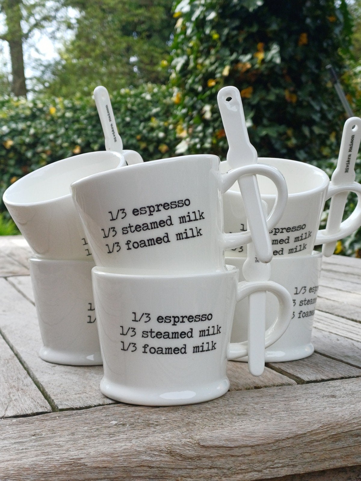 6x Riviera Maison Cappuccino Mokken met Lepel, Overige merken, Keramiek, Zo goed als nieuw, Mok