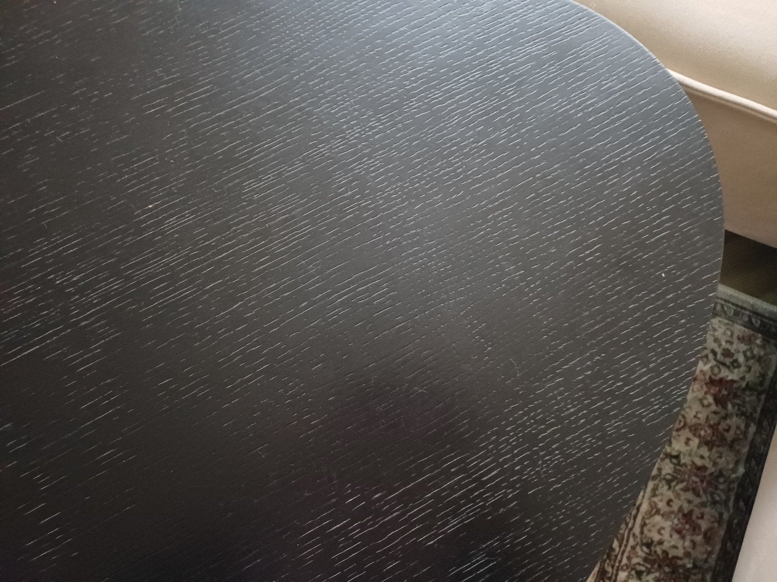 180 cm lang ovale salontafel - Zwart eikenhout, Ophalen, 50 tot 100 cm, Zo goed als nieuw, 150 tot 200 cm