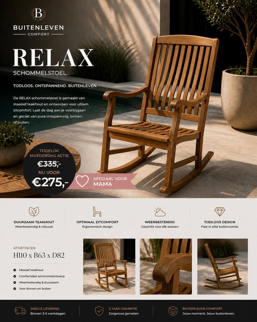 schommelstoel Relax aanbieding, Ophalen, Bruin, Nieuw, Teak