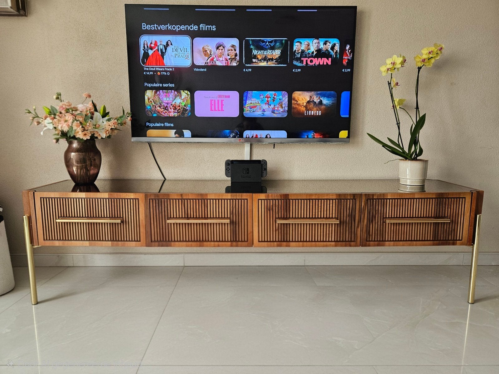 Chique walnoot dressoir/tv-meubel met gouden accenten, Ophalen, Glas, Modern, Luxe, Scandinavisch, Zo goed als nieuw