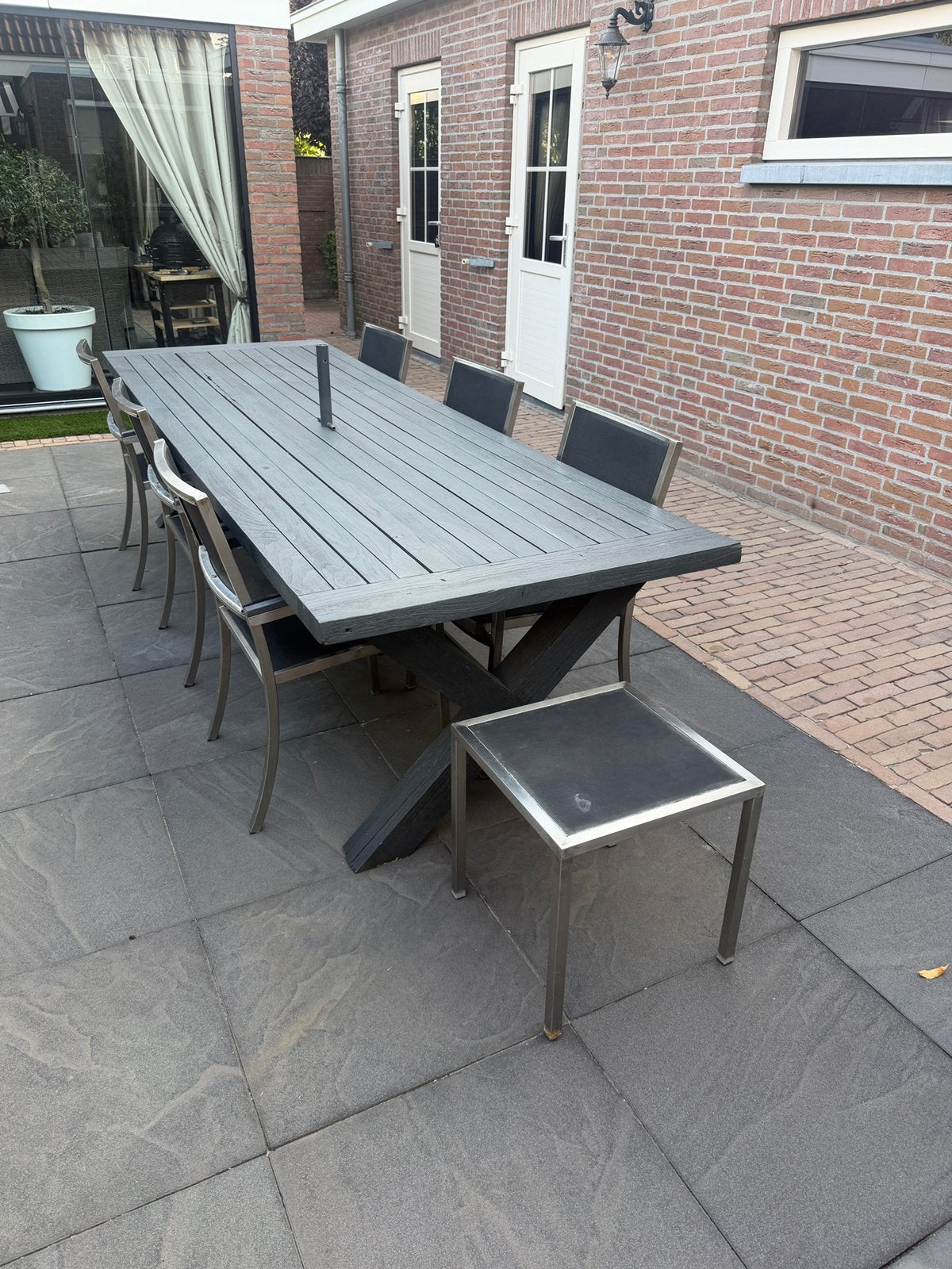 Grote tuintafel 3 meter met 6 stoelen en krukje, Ophalen, Gebruikt, Teakhout, Eettafel