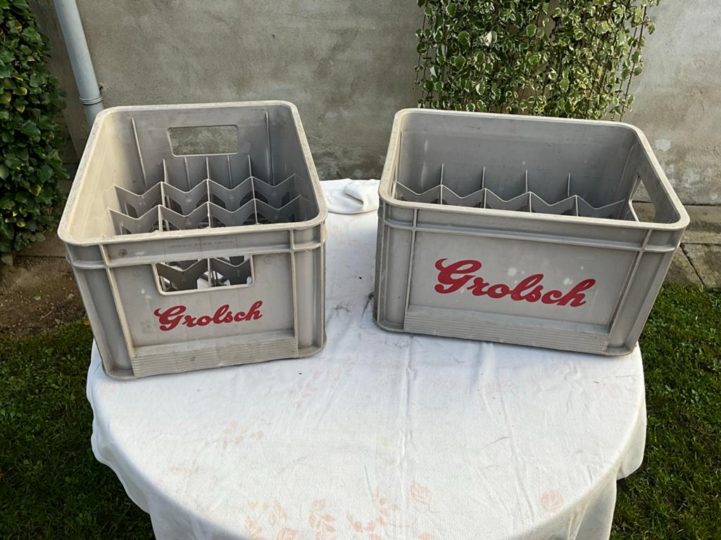 2 Vintage Grolsch Bierkratten uit 1975/1976, Ophalen, Gebruikt, Overige typen, Grolsch