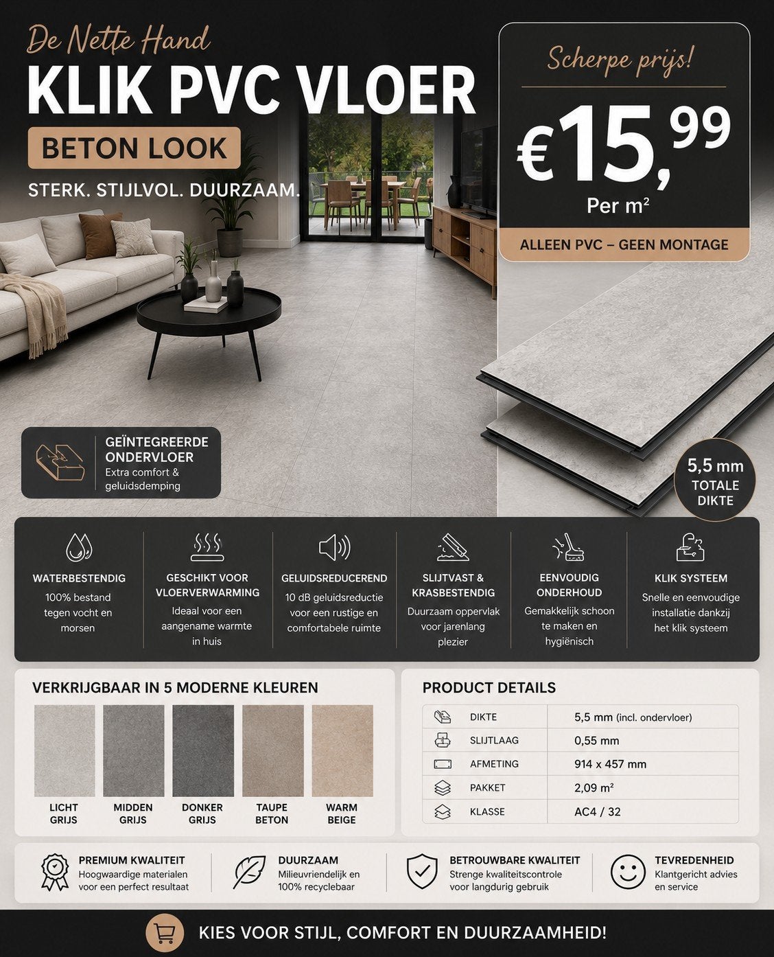 Klik PVC Vloer Betonlook – Geïntegreerde Ondervloer – €15,99, Ophalen of Verzenden, Nieuw