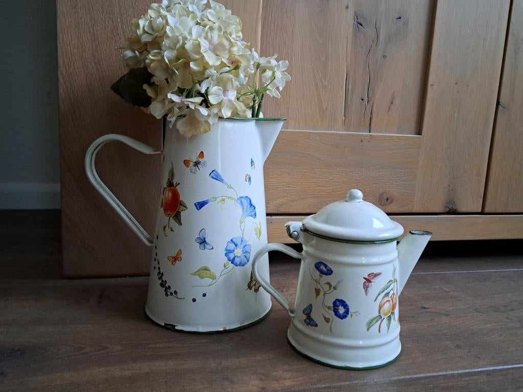Vintage emaille kan koffiepot bloem vlinder JBS J Brinkman, Antiek en Kunst, Antiek | Emaille, Ophalen of Verzenden
