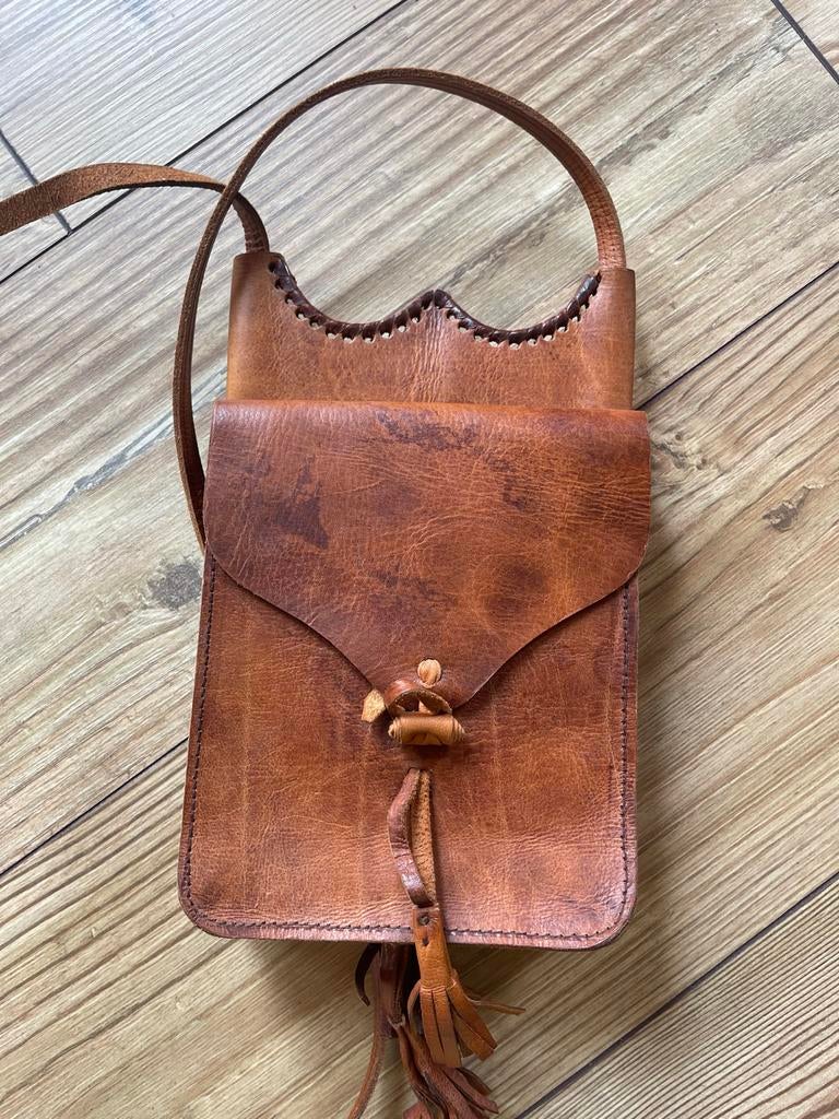 Uniek leren handtasje met twee vakken, Ophalen of Verzenden, Zo goed als nieuw, Bruin, Handtas