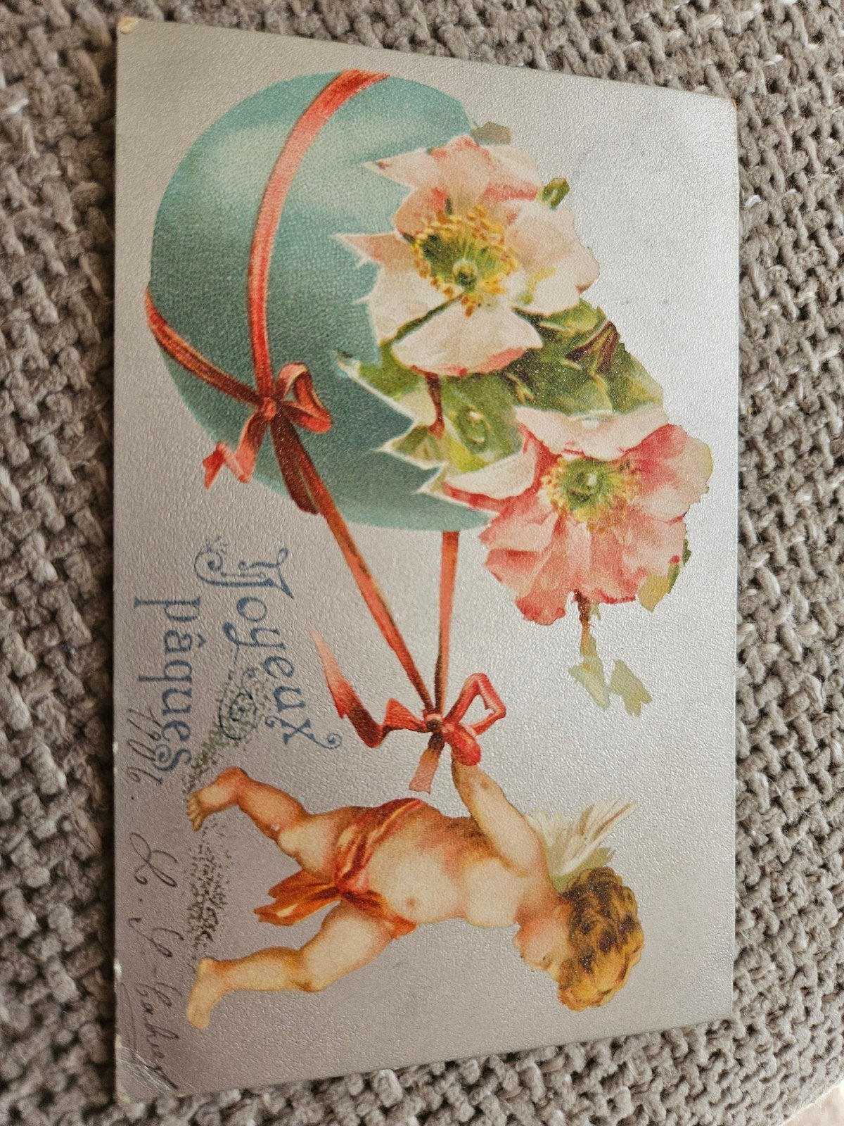 brocante engel  Paaskaart met ei bloemen, Ophalen of Verzenden, Voor 1920, Gelopen, Feest(dag)