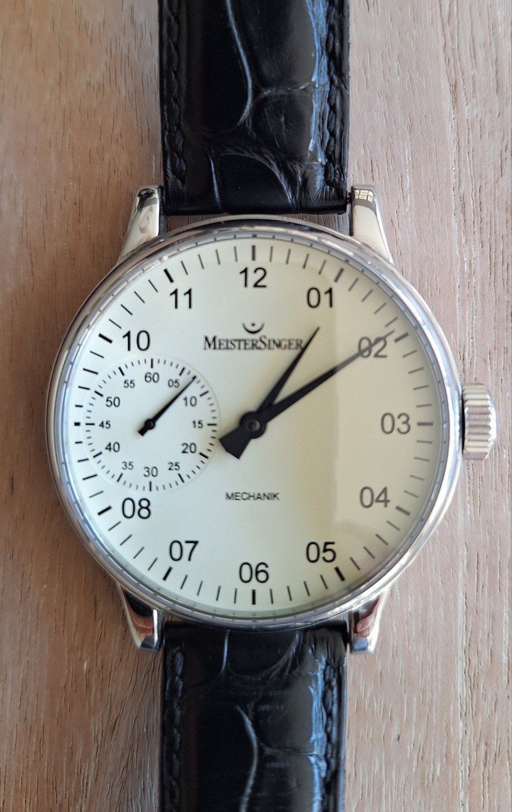 Meistersinger Scrypto 43mm, Overige merken, Leer, Staal, Ophalen of Verzenden